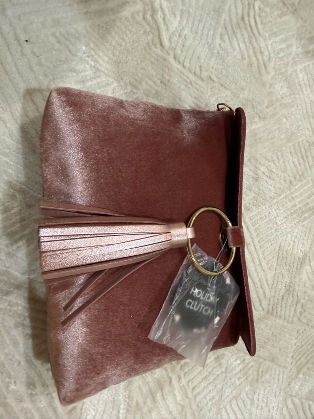 Fashion Bug Velvet Tassel Clutch in Mauve with Gold Ring - Picture 5 of 7